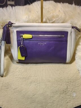 Coach Legacy Colorblock Leather Clutch in Purple, White & Neon Yellow RARE $75